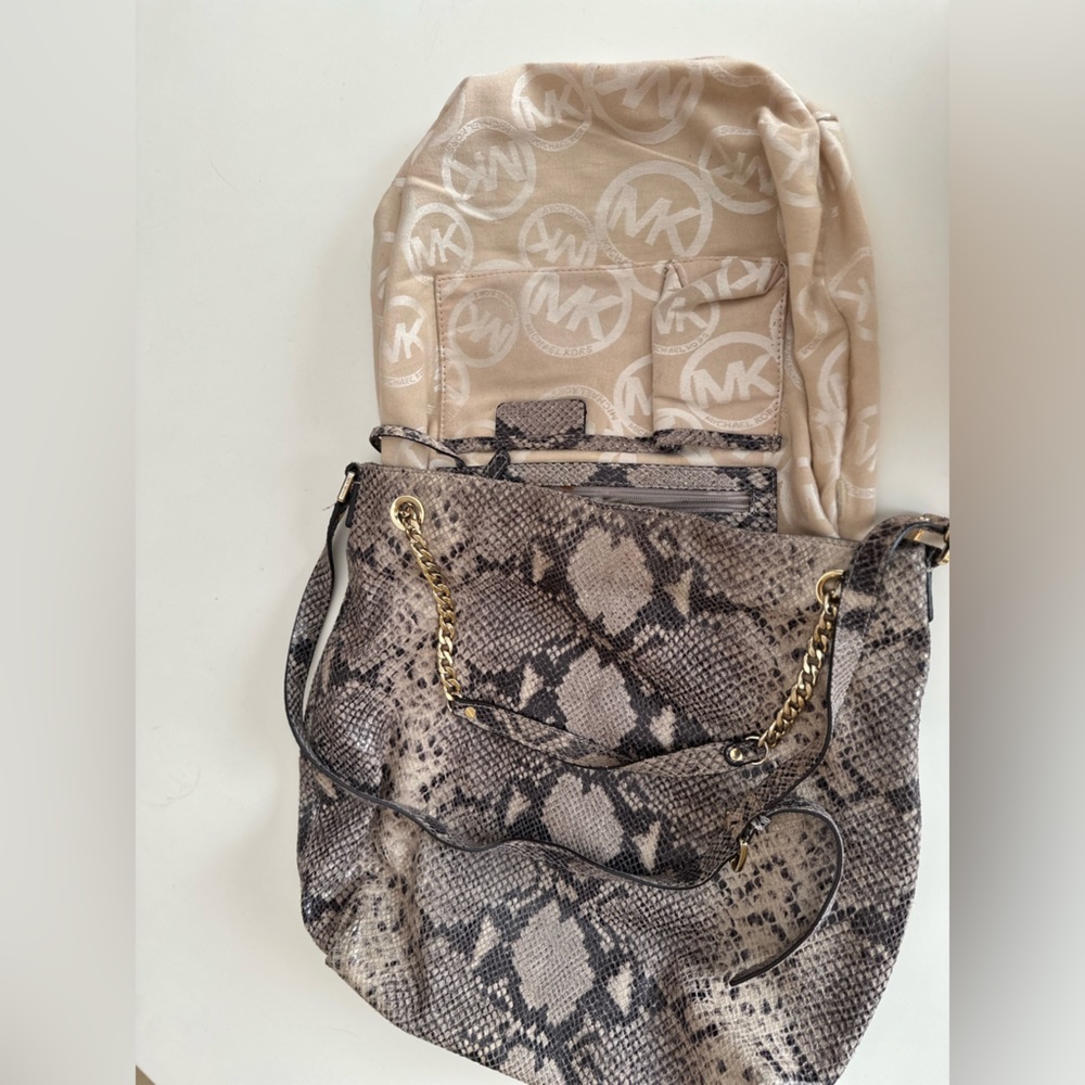 Michael Kors Brown Leather Python Snakeskin Hobo … - image 3